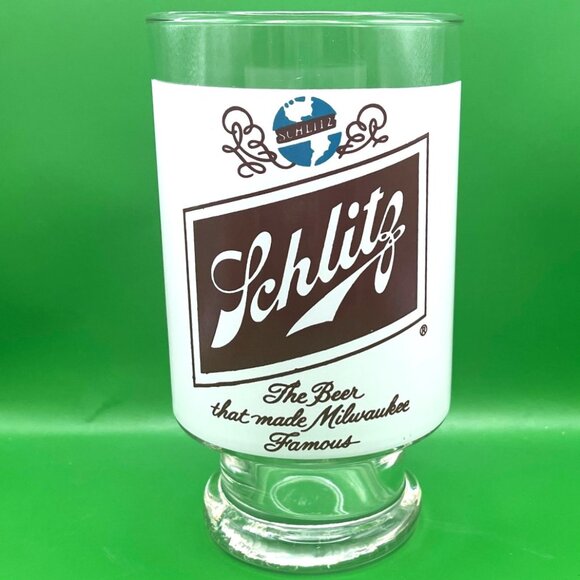 Vintage Schlitz Beer Glass 32oz Footed Tumbler Barware Milwaukee Pedestal Pint - Picture 1 of 9